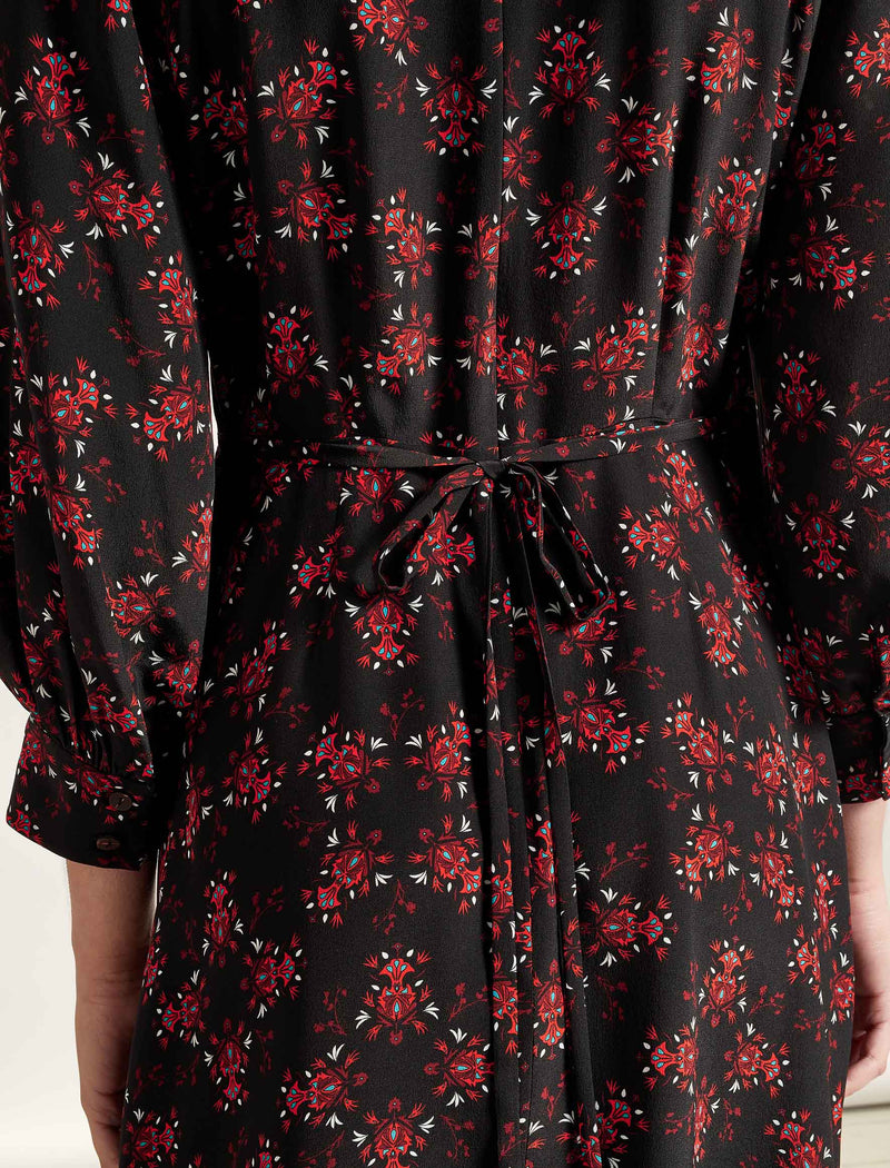 Darcie Long Sleeved Round Neck Midi Dress - Black/Crimson Floral