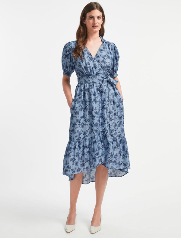 FS Collection Feminine Floral Print Long Sleeve Wrap Style Midi Dress Navy - 10 - SilkFred