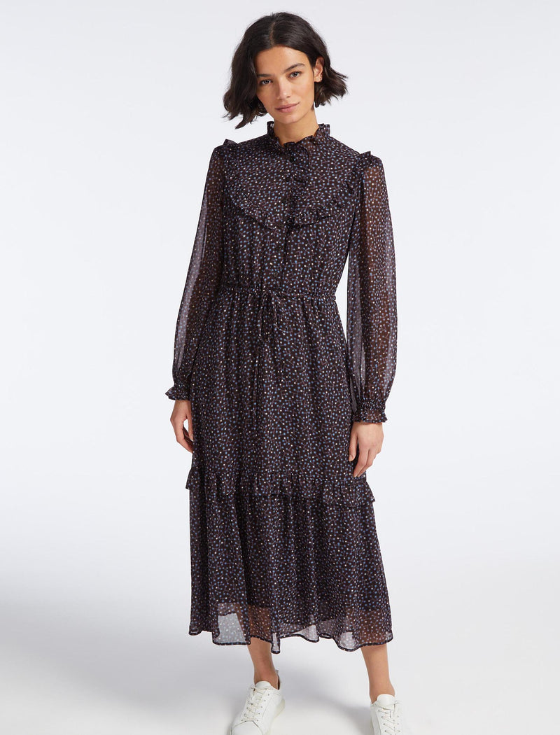 Annie Long Sleeved Frill Detail Midi Dress with Drawstring Waist