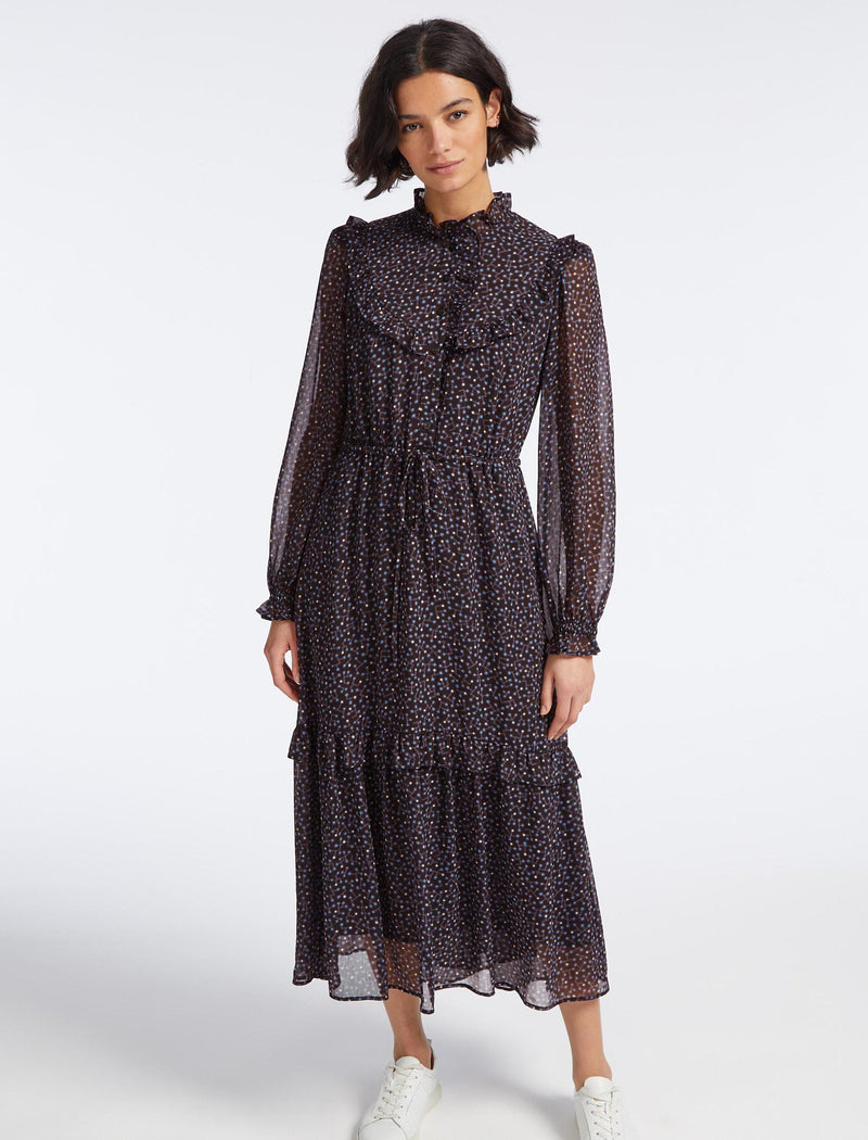 Annie Midi Dress with Drawstring Waist - Blue Black Graphic Coral Print