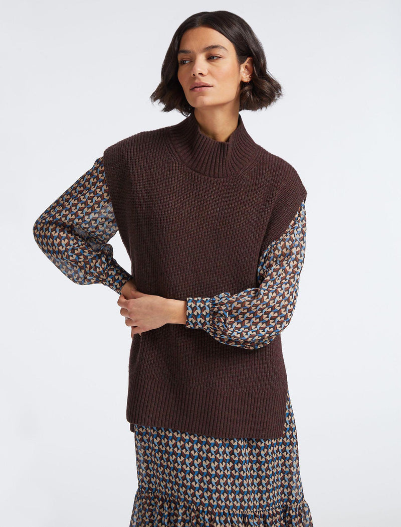 Janice Wool Funnel Neck Sleeveless Jumper - Russet Brown