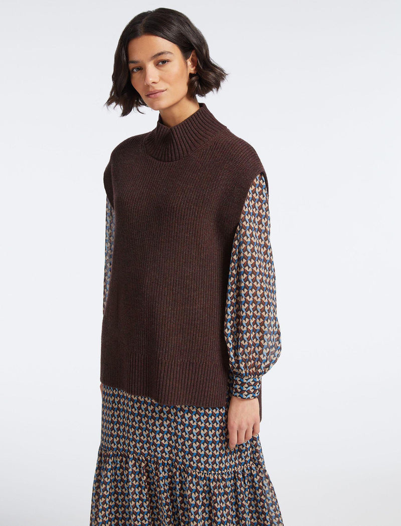 Janice Wool Funnel Neck Sleeveless Jumper - Russet Brown