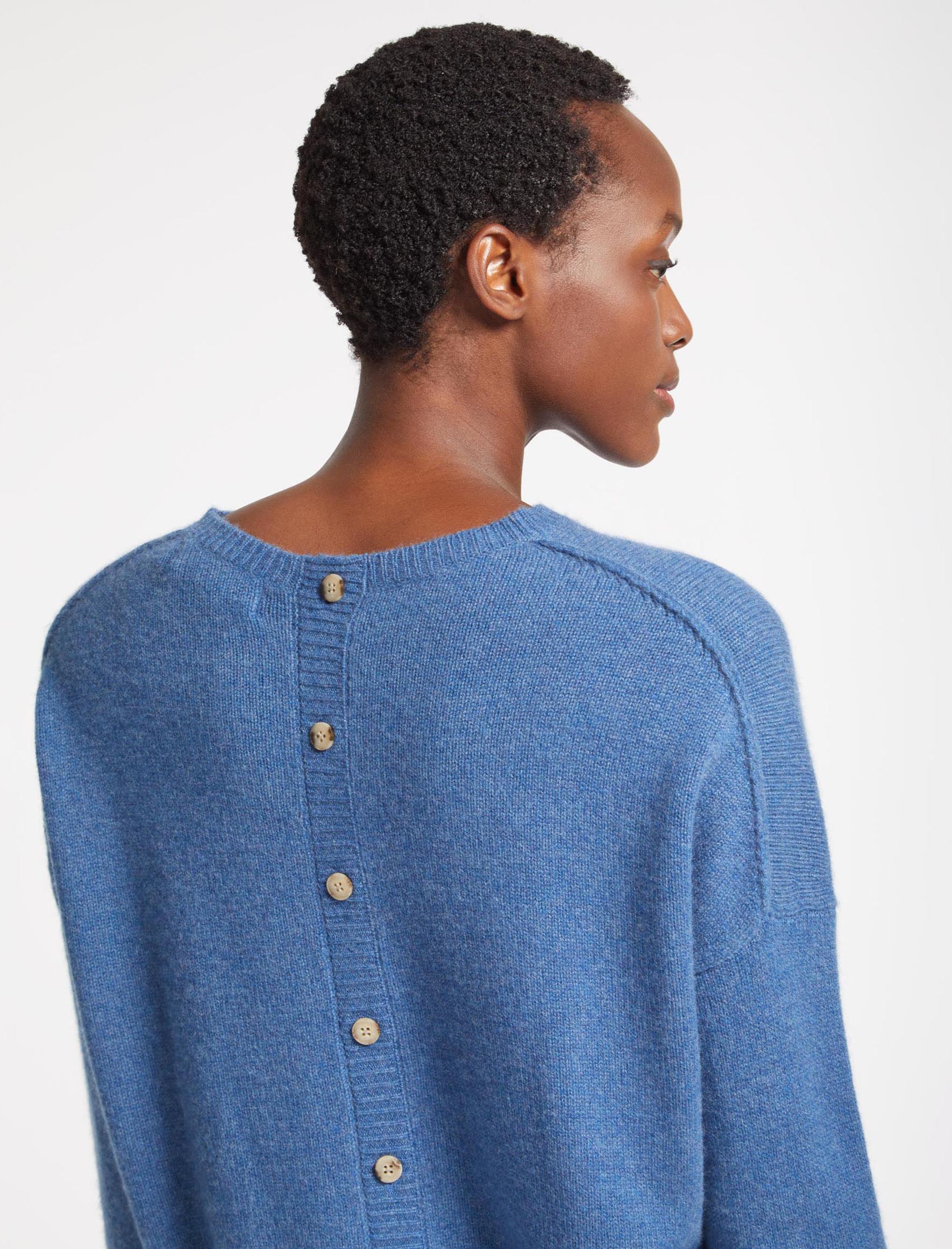 Lainey Boxy Back Button Detail Cashmere Jumper in Mid Blue