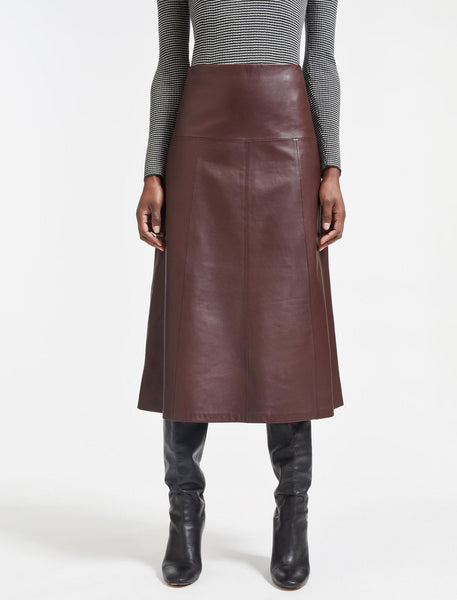 Tiana Leather Panelled Midi Skirt in Oxblood