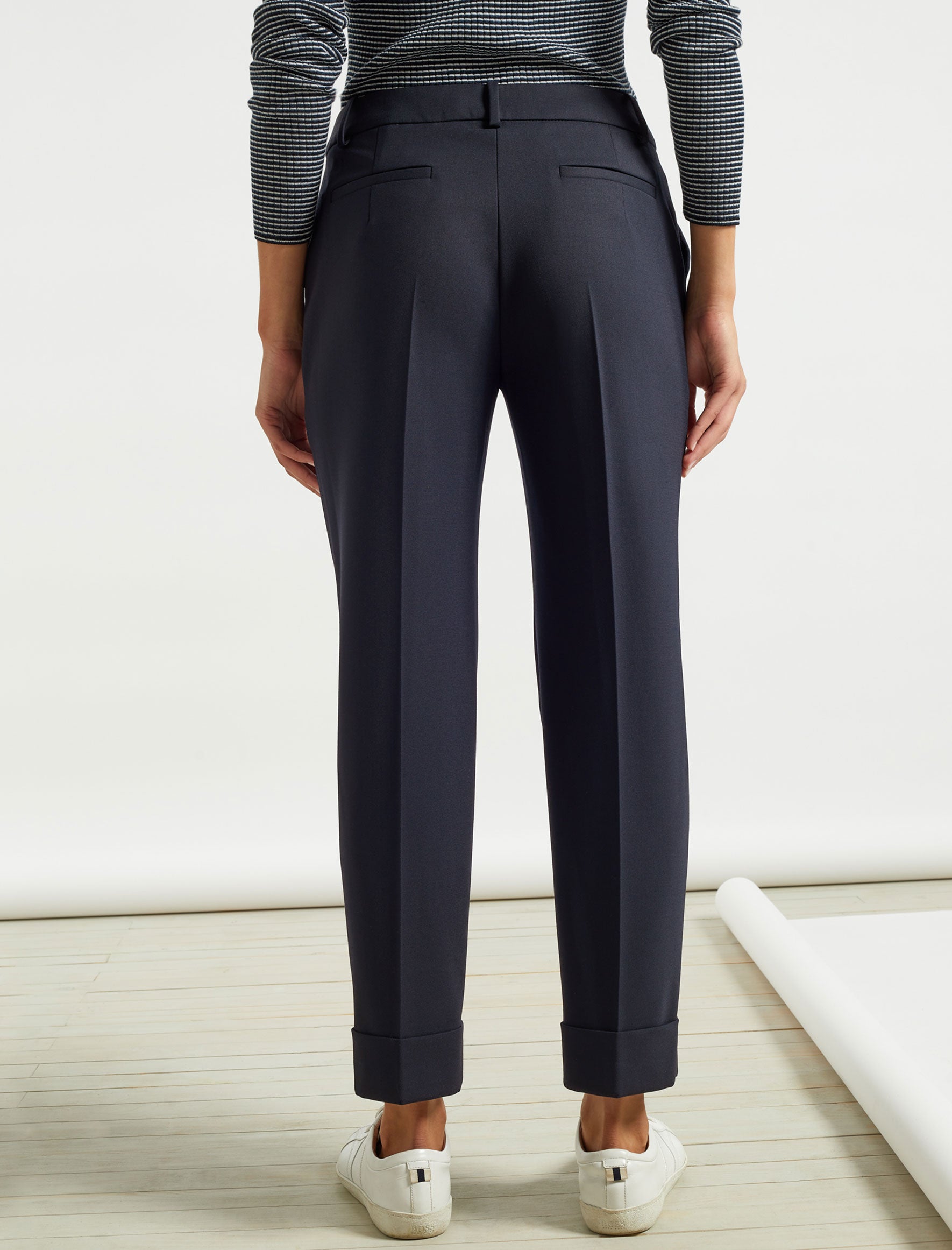 Clement Tailored Turn Up Wool Blend Trousers in Navy