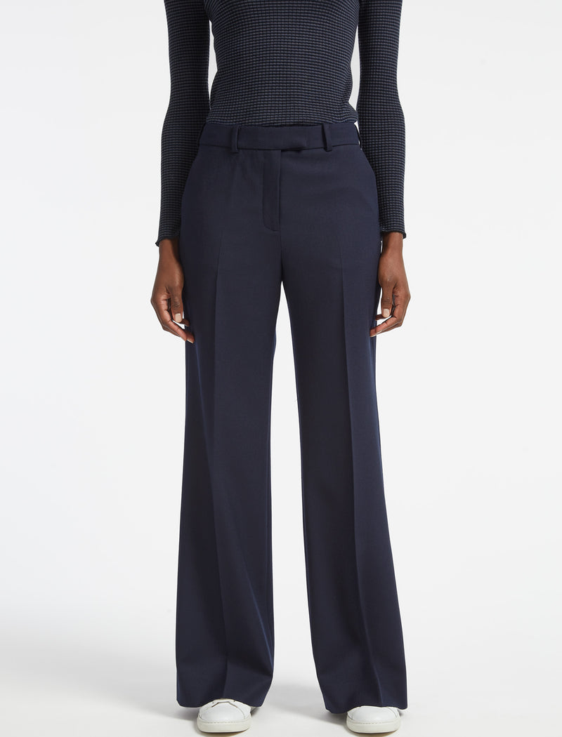 Terence Wide Leg Winter Stretch Wool Blend Easy Trousers in Navy