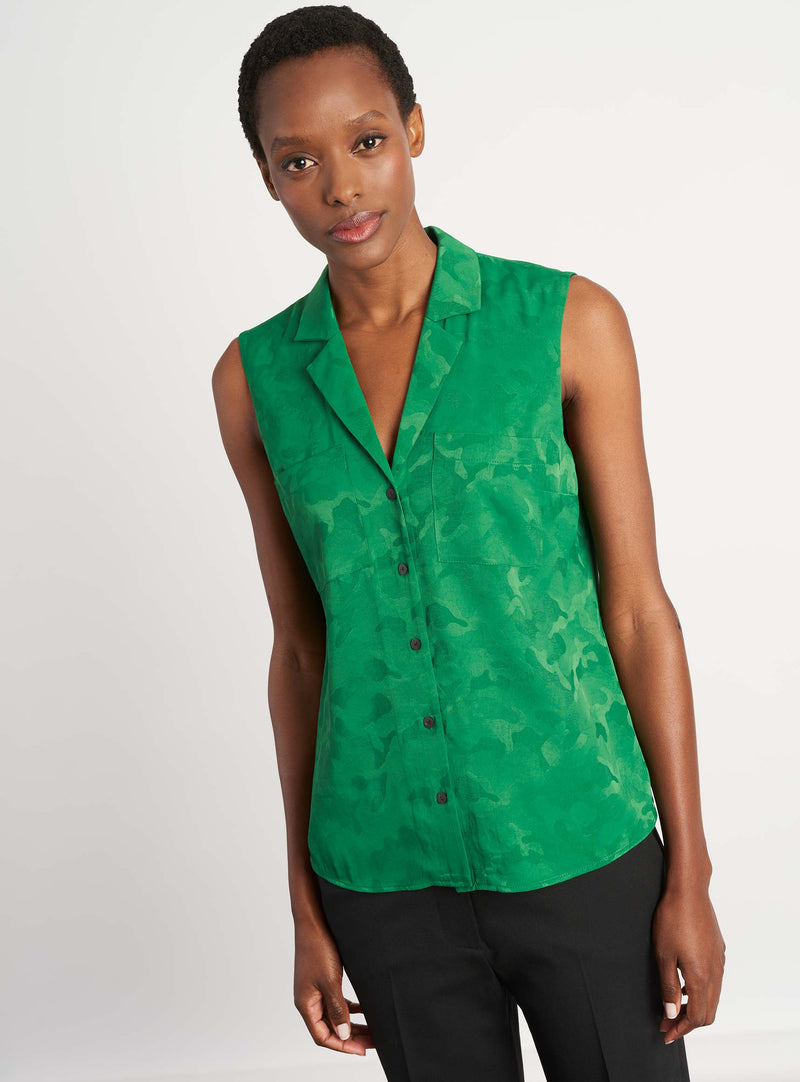 Spencer Sleeveless V Neck Collared Shirt Emerald Green Camo Jacquard