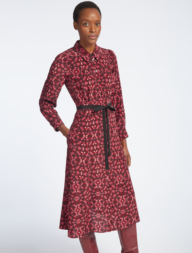 Tierney Silk Midi Shirt Dress - Rose Shibori Print