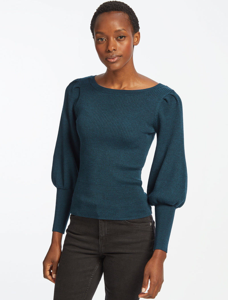 Eva Boat Neck Blouson Sleeve Jumper in Petrol