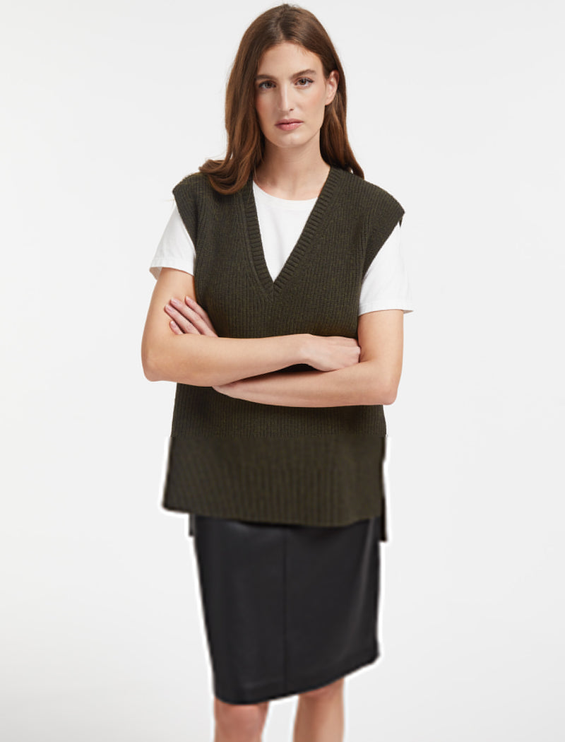 Janice Wool V Neck Sleeveless Jumper in Khaki