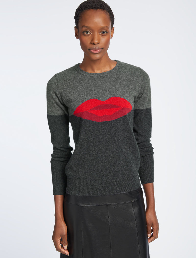 Love Lips Cashmere Crew Neck Jumper in Charcoal