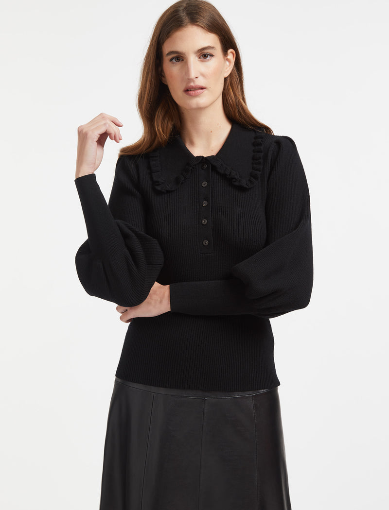 Tallulah Frill Collar Blouson Sleeve Merino Rib Jumper in Black