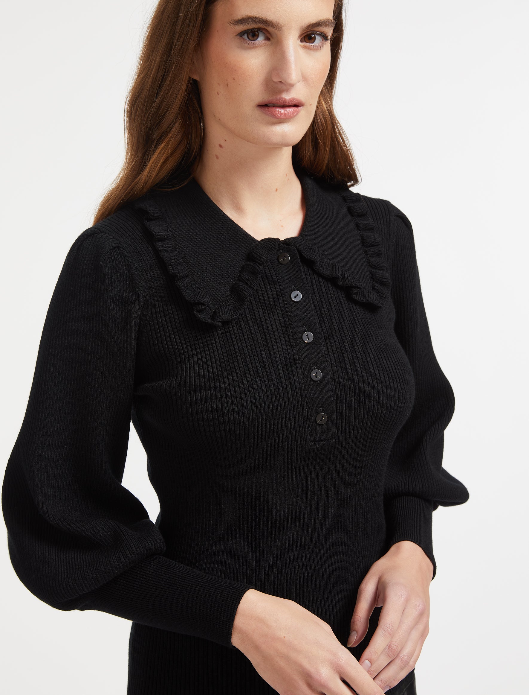 Tallulah Frill Collar Blouson Sleeve Merino Rib Jumper in Black