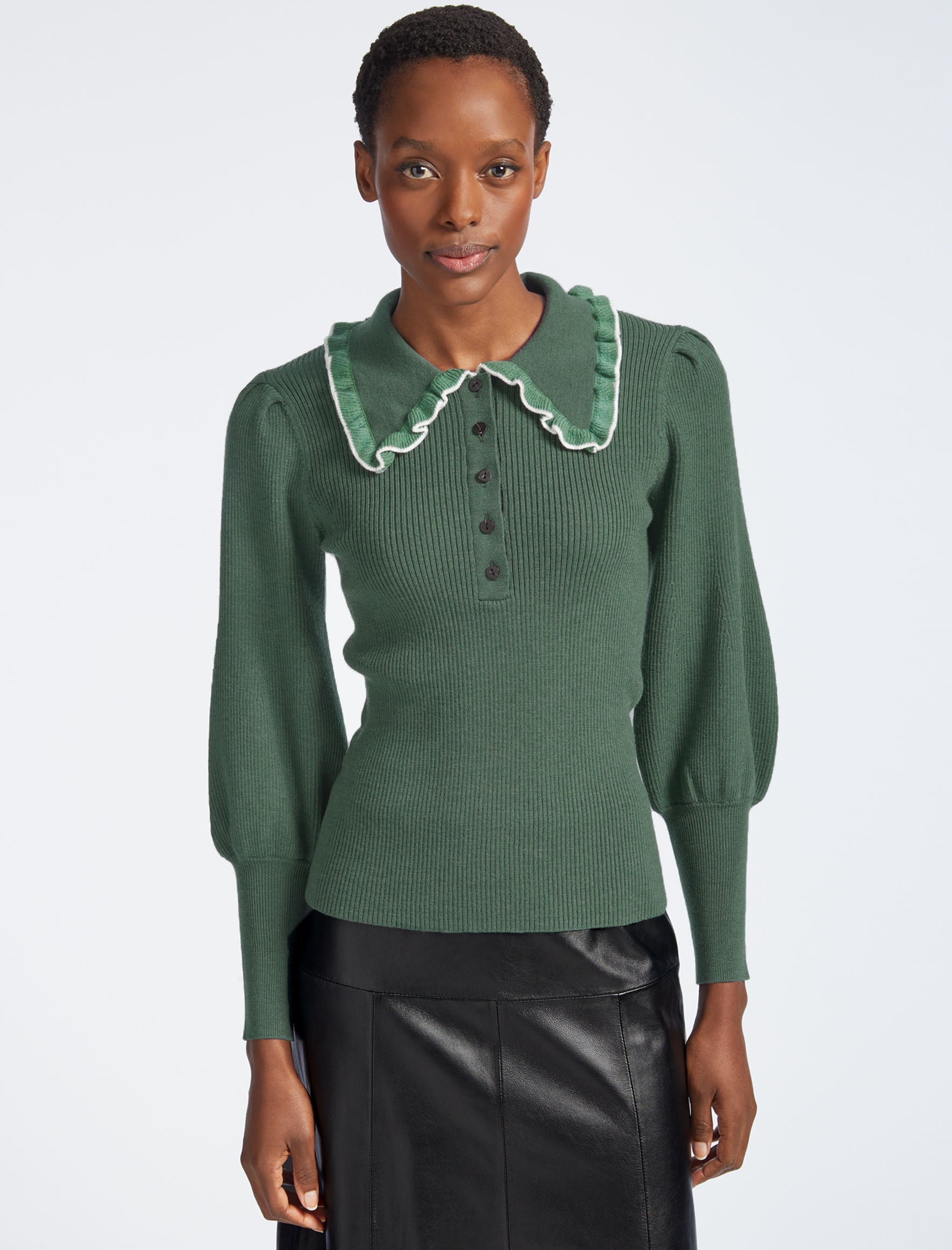Tallulah Frill Collar Blouson Sleeve Merino Rib Jumper in Sage Green