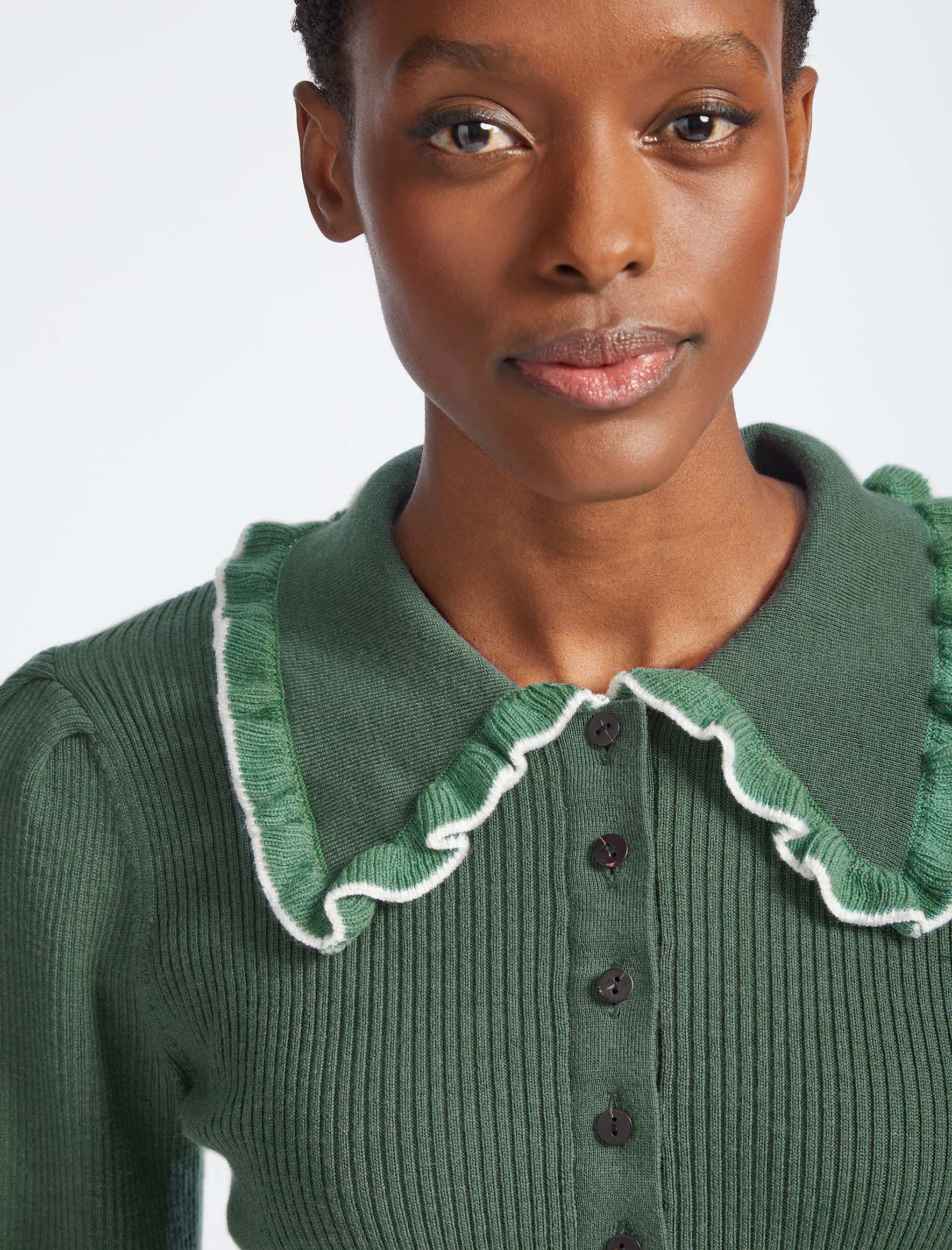 Tallulah Frill Collar Blouson Sleeve Merino Rib Jumper in Sage Green