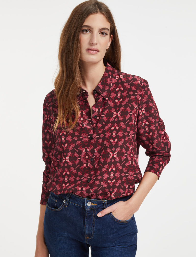 Skyla Silk Long Sleeve Collared Shirt in Rose Shibori Print