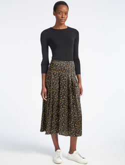 Savannah Pleated Maxi Skirt in Trailing Floral Print Black/Yellow