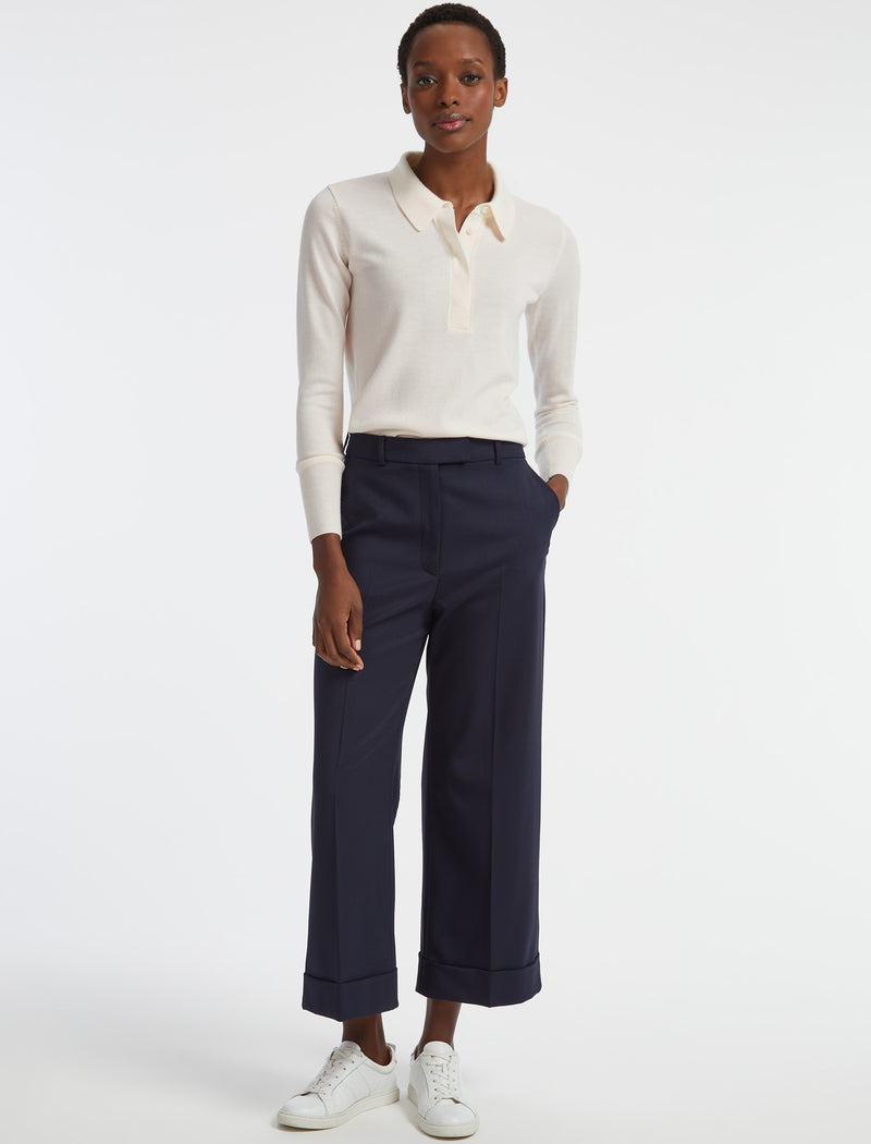 Turner Crop Wide Leg Stretch Wool Blend Easy Trouser in Navy