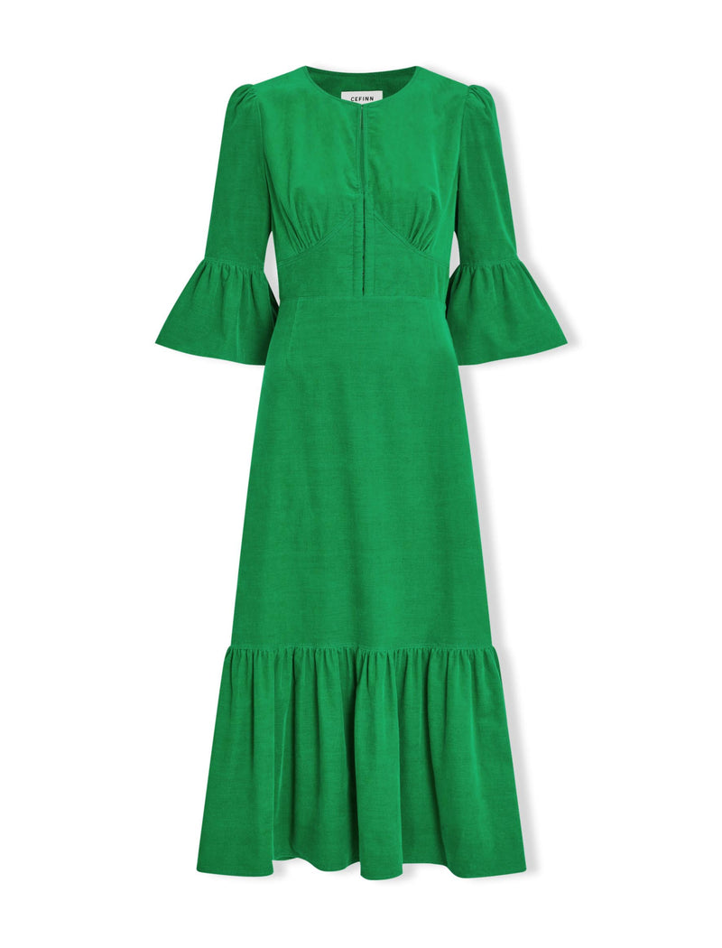 Daphne Pin Corduroy Round Neck Maxi Dress - Emerald Green