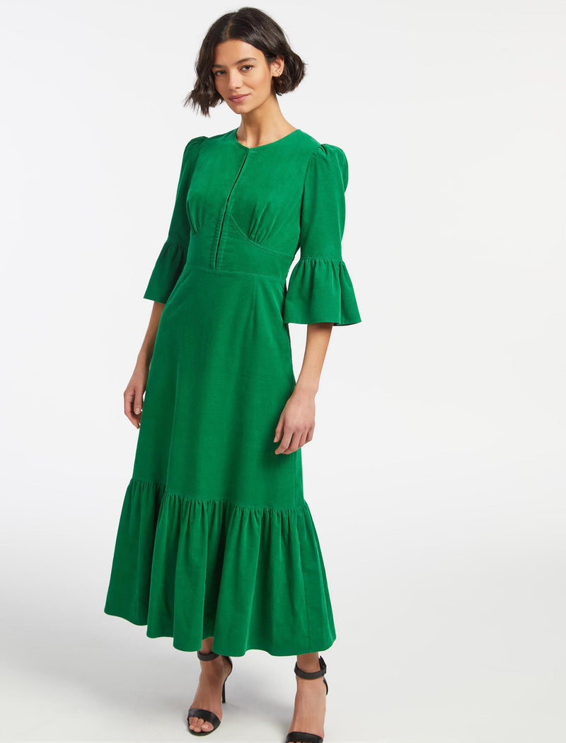 Daphne Pin Corduroy Round Neck Maxi Dress - Emerald Green