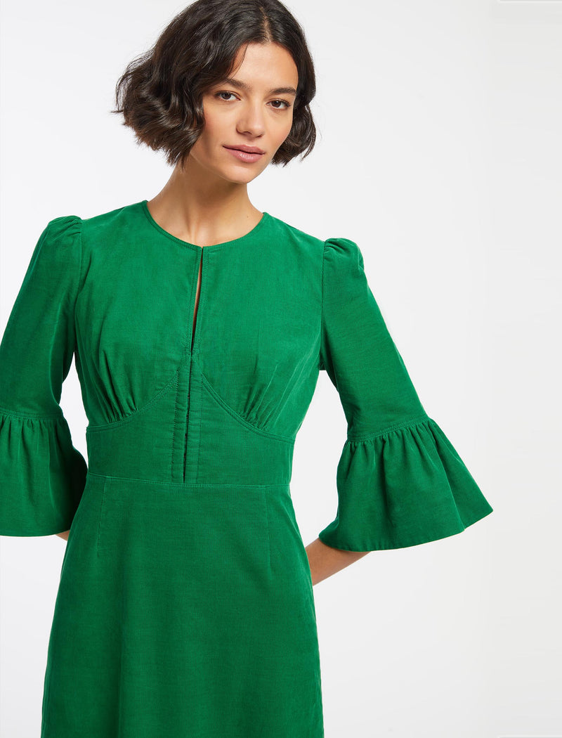 Daphne Pin Corduroy Round Neck Maxi Dress - Emerald Green