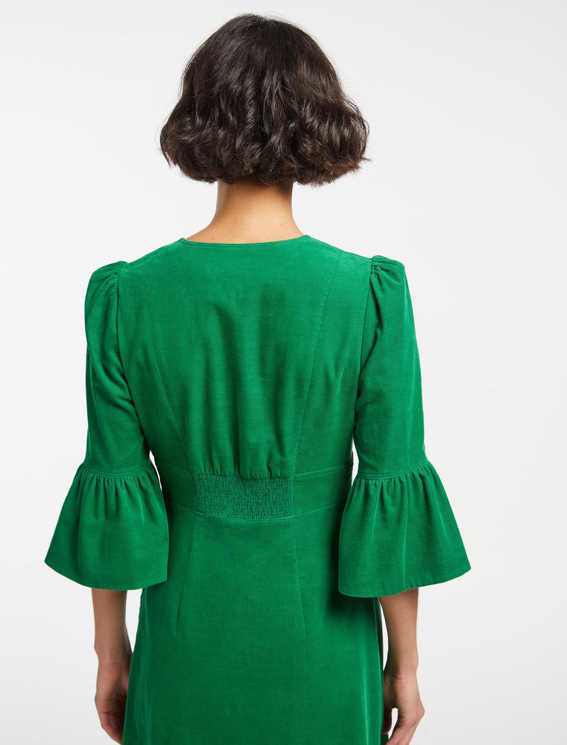 Daphne Pin Corduroy Round Neck Maxi Dress - Emerald Green