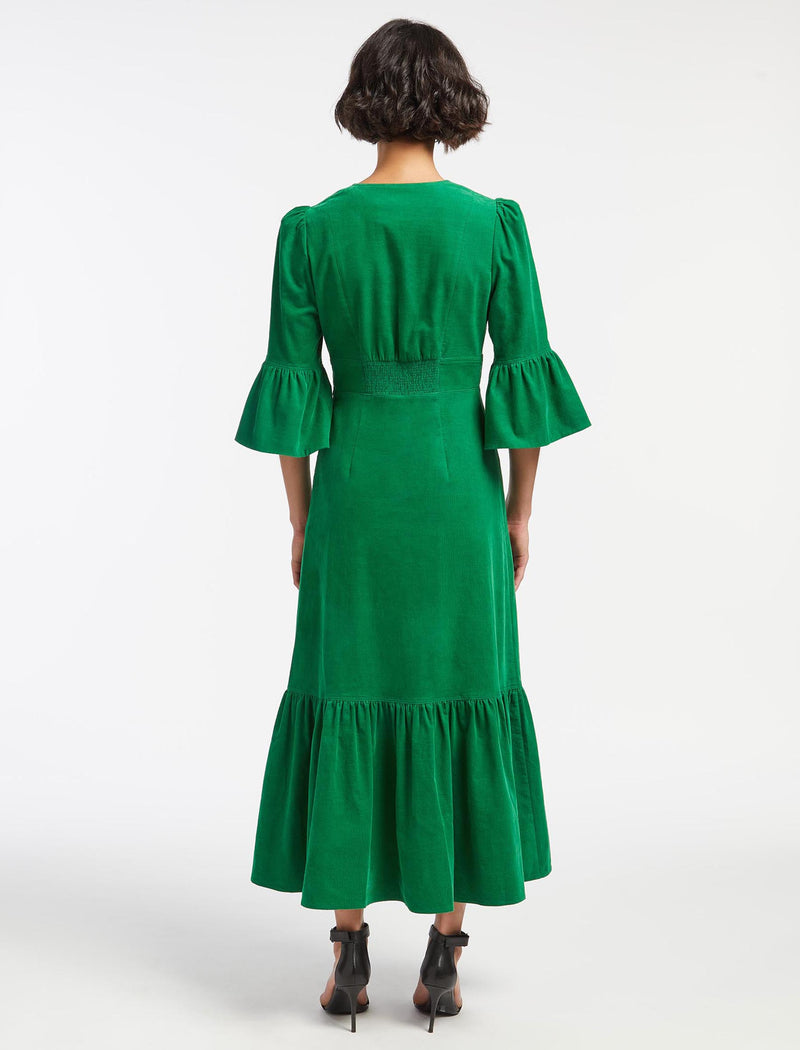 Daphne Pin Corduroy Round Neck Maxi Dress - Emerald Green