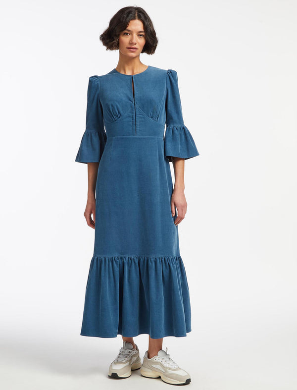 Daphne Pin Corduroy Round Neck Maxi Dress - Mid Blue
