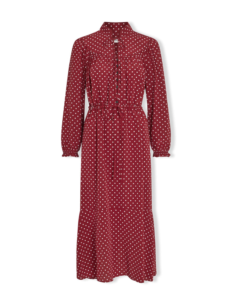 Zahra Silk Drawstring Maxi Dress - Lipstick White Polka Dot