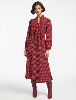 Zahra Silk Drawstring Maxi Dress - Lipstick White Polka Dot