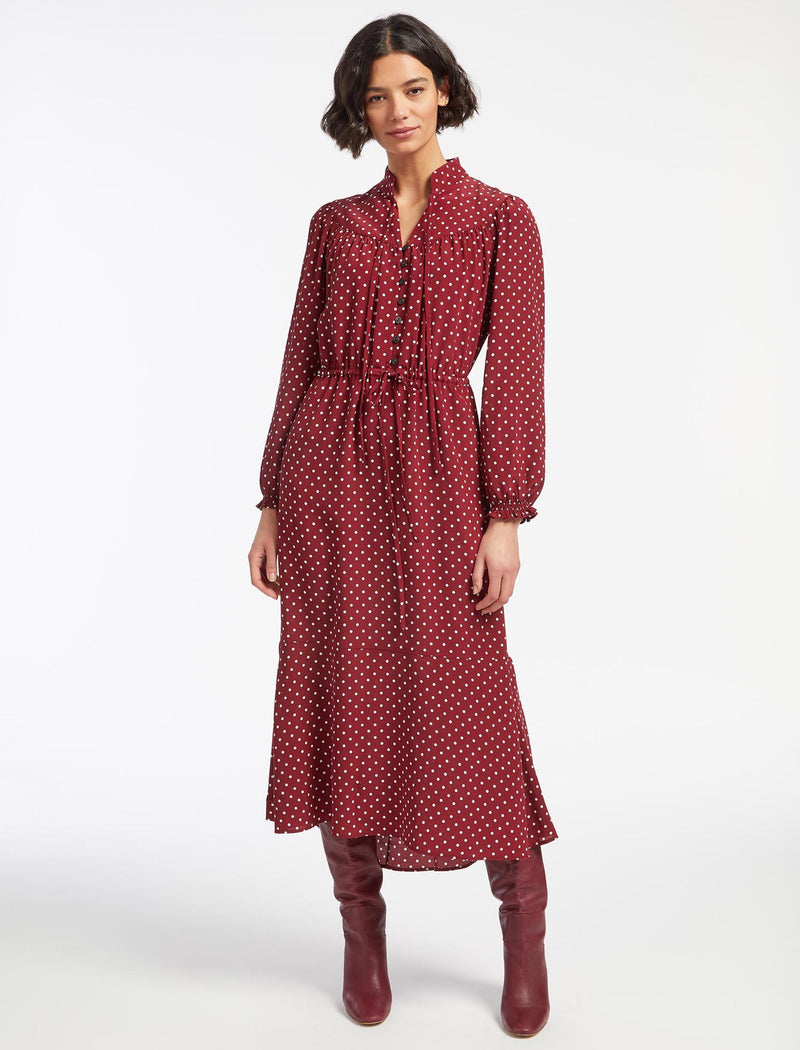 Zahra Silk Drawstring Maxi Dress - Lipstick White Polka Dot
