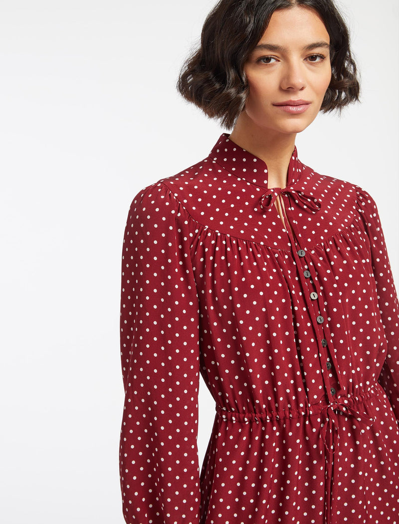 Zahra Silk Drawstring Maxi Dress - Lipstick White Polka Dot