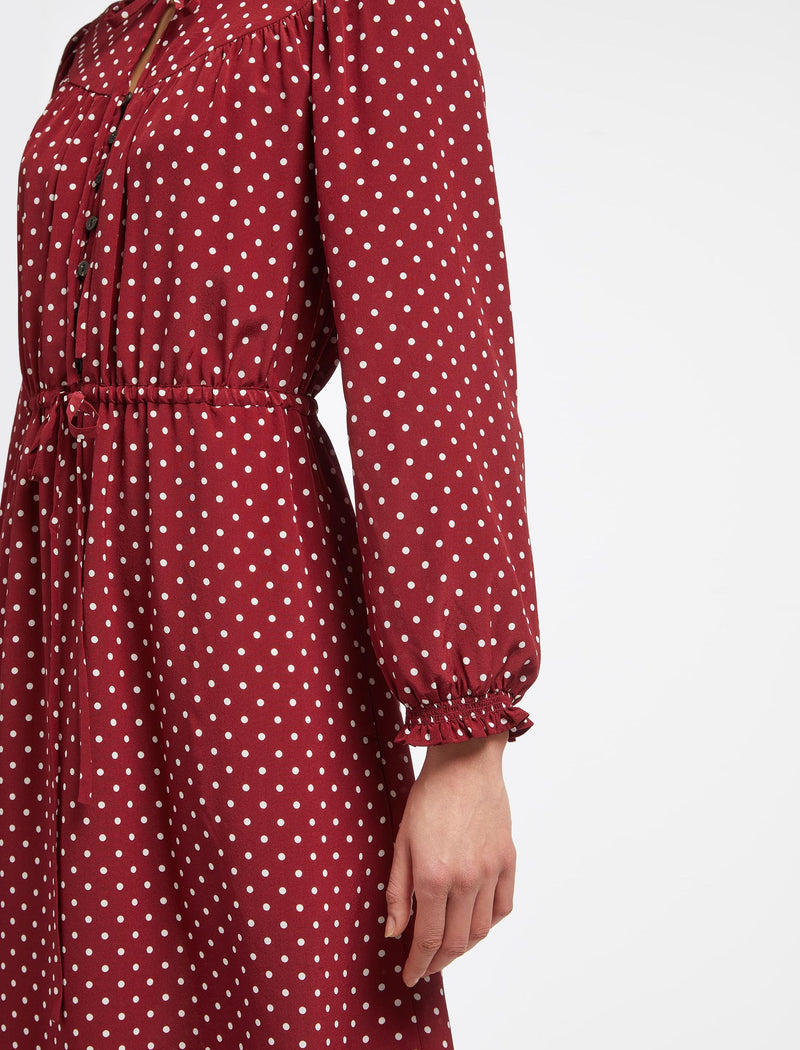 Zahra Silk Drawstring Maxi Dress - Lipstick White Polka Dot