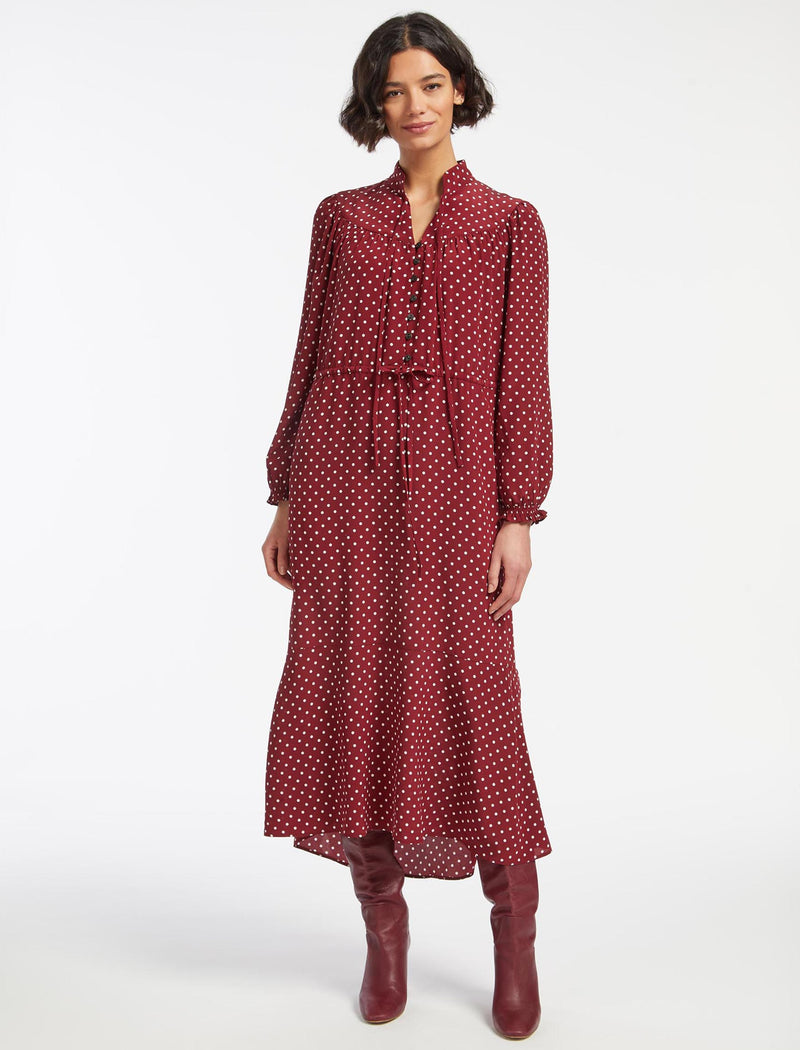 Zahra Silk Drawstring Maxi Dress - Lipstick White Polka Dot