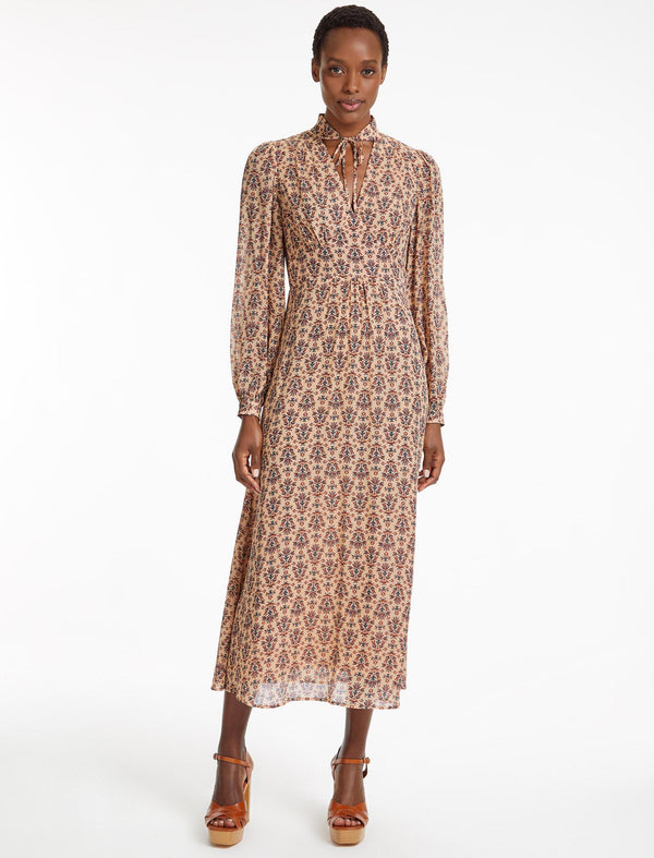 Abigail Scarf Neck Detail Long Sleeve Midi Dress in in Stone Rust
