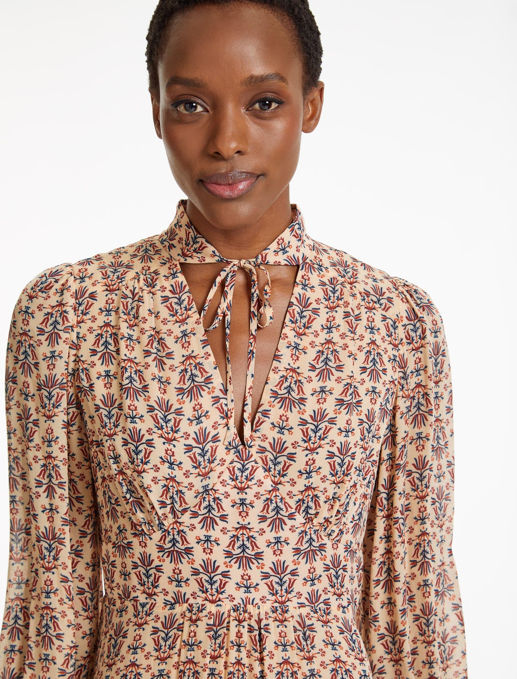 Luella Tie Neck Long Sleeve Maxi Tea Dress in Stone Rust Folk
