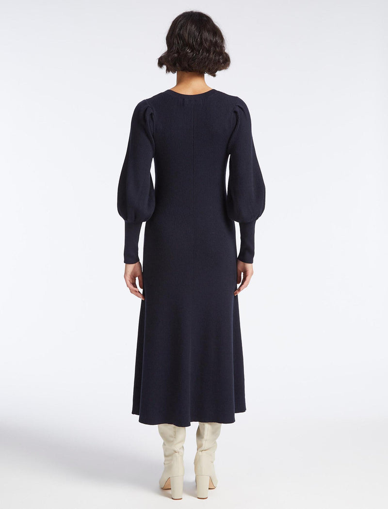 Eva Wool Round Neck Dress - Navy