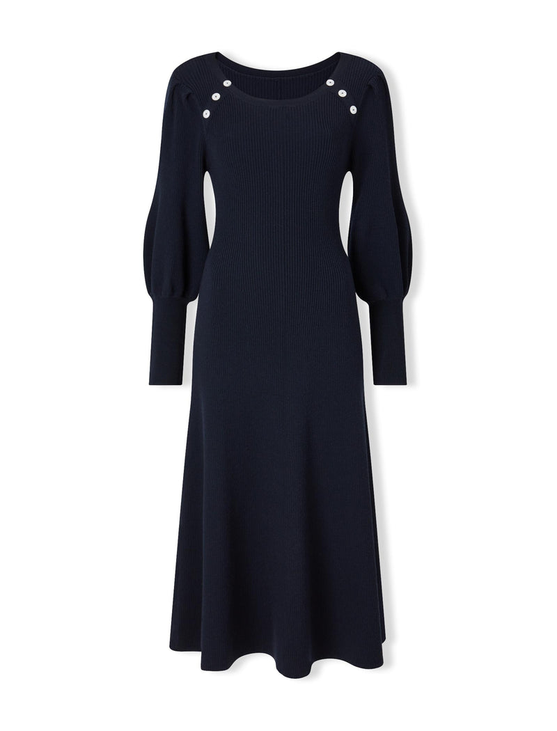 Eva Wool Round Neck Dress - Navy