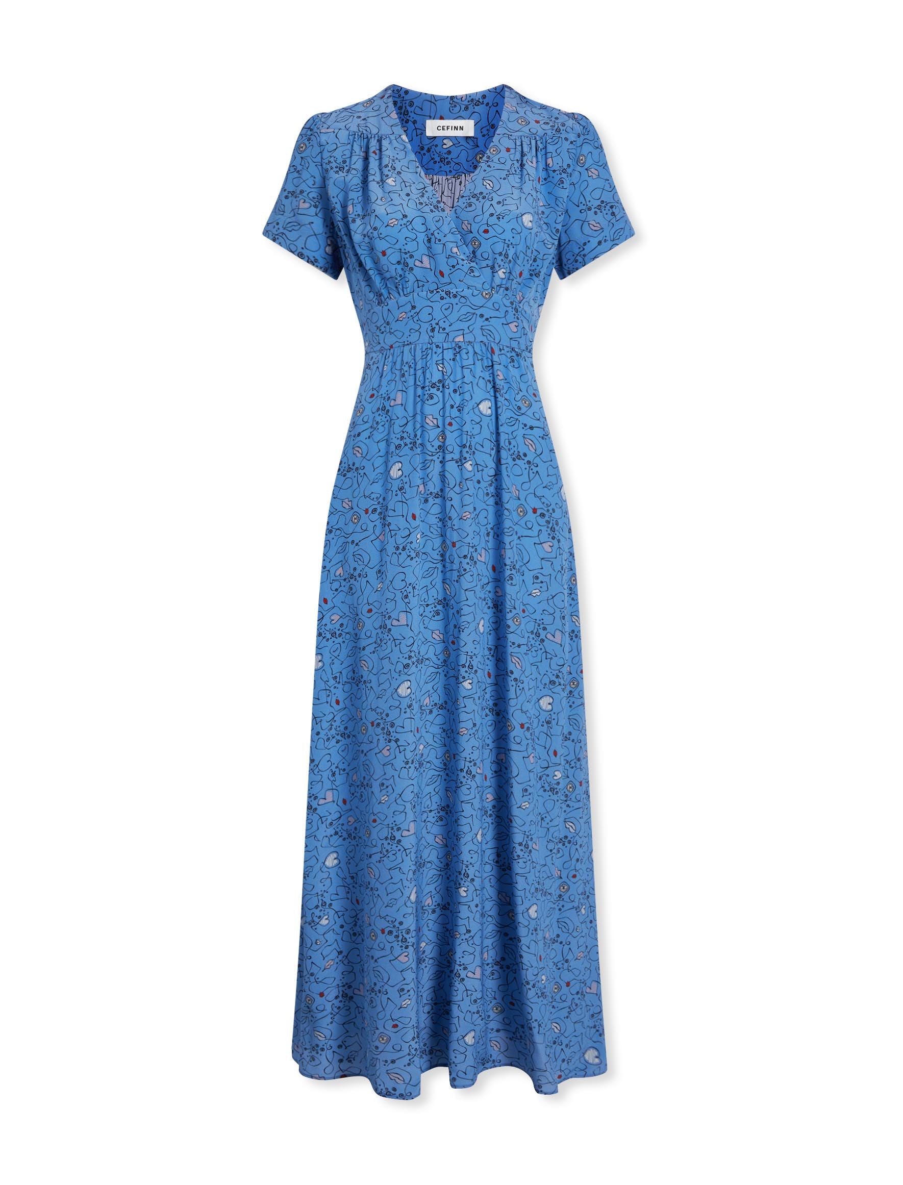 Gina Silk Fixed Wrap V Neck Maxi Dress with Wide Belt in Blue Lips Eyes Print