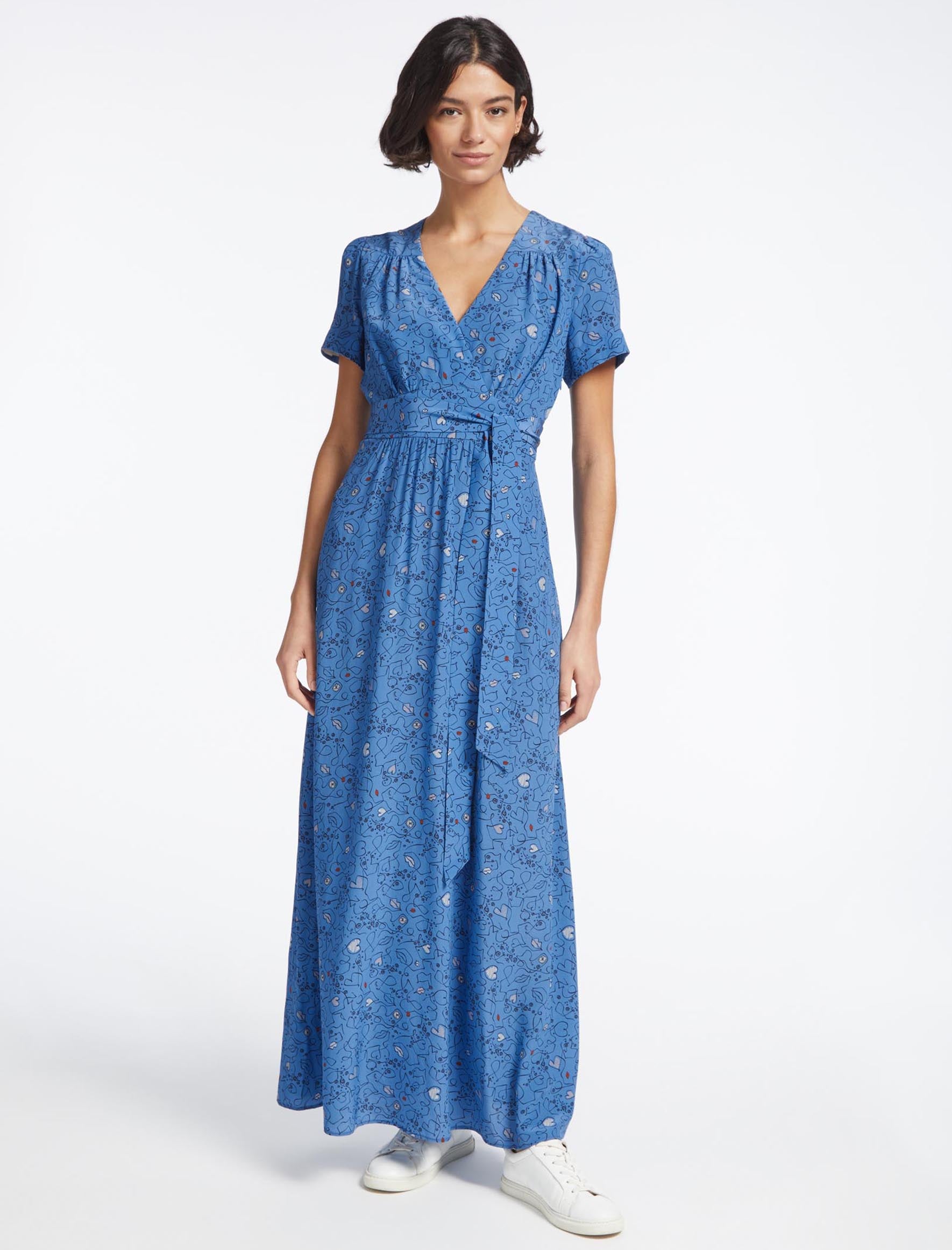 Gina Silk Fixed Wrap V-Neck Maxi Dress with Wide Belt in Blue Lips Eyes ...