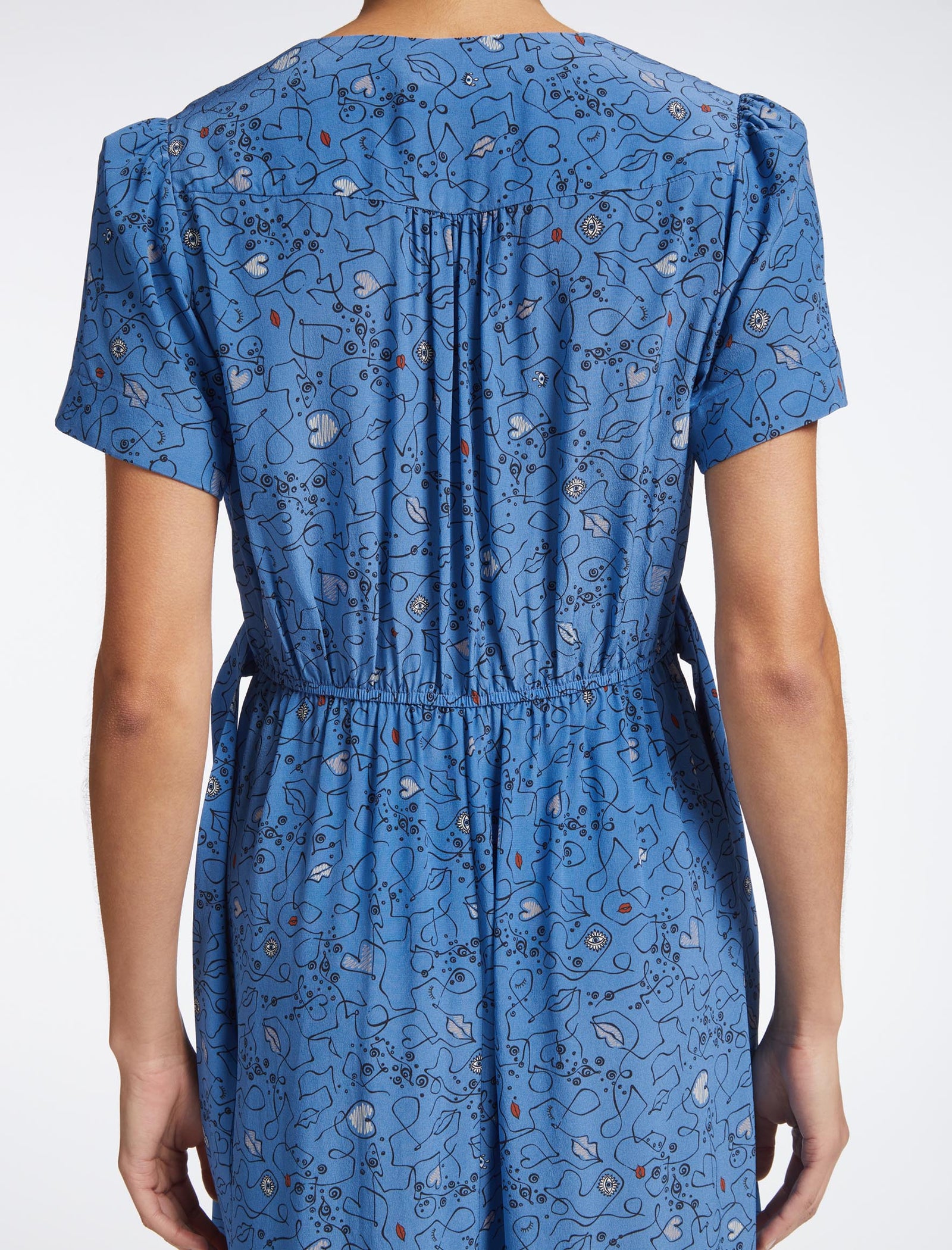Gina Silk Fixed Wrap V-Neck Maxi Dress with Wide Belt in Blue Lips Eyes  Print