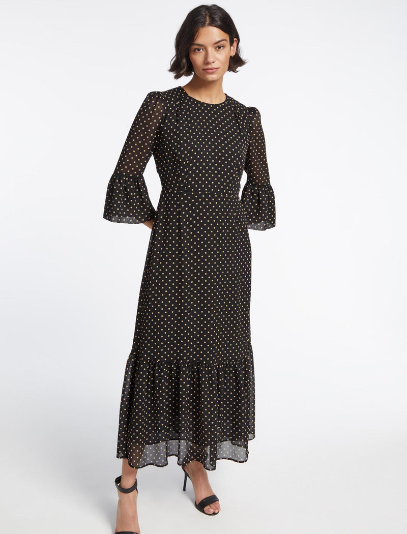Tibi Round Neck Long Sleeve Maxi Tea Dress in Black Cream Polka