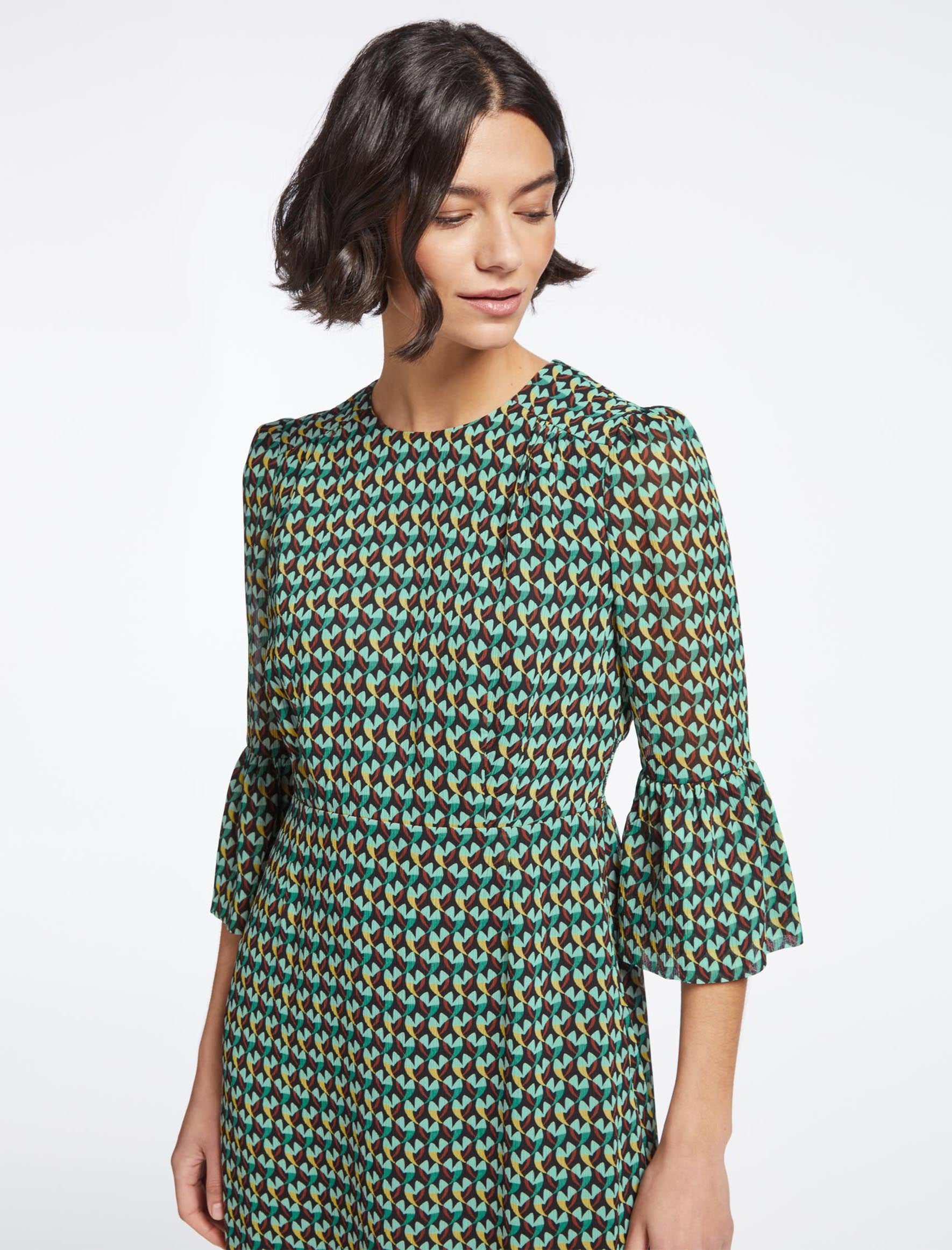 Tibi Round Neck Long Sleeve Maxi Tea Dress in Black Green Heart Geo Print