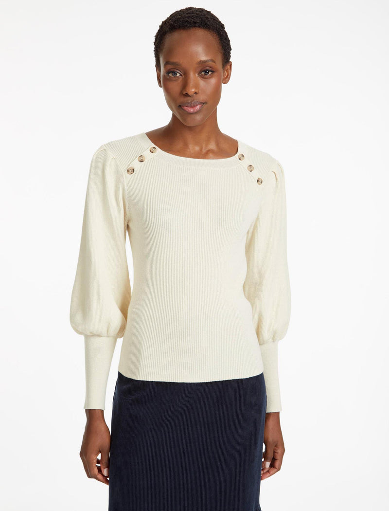 Eva Merino Rib Round Neck Blouson Sleeve Jumper in Cream