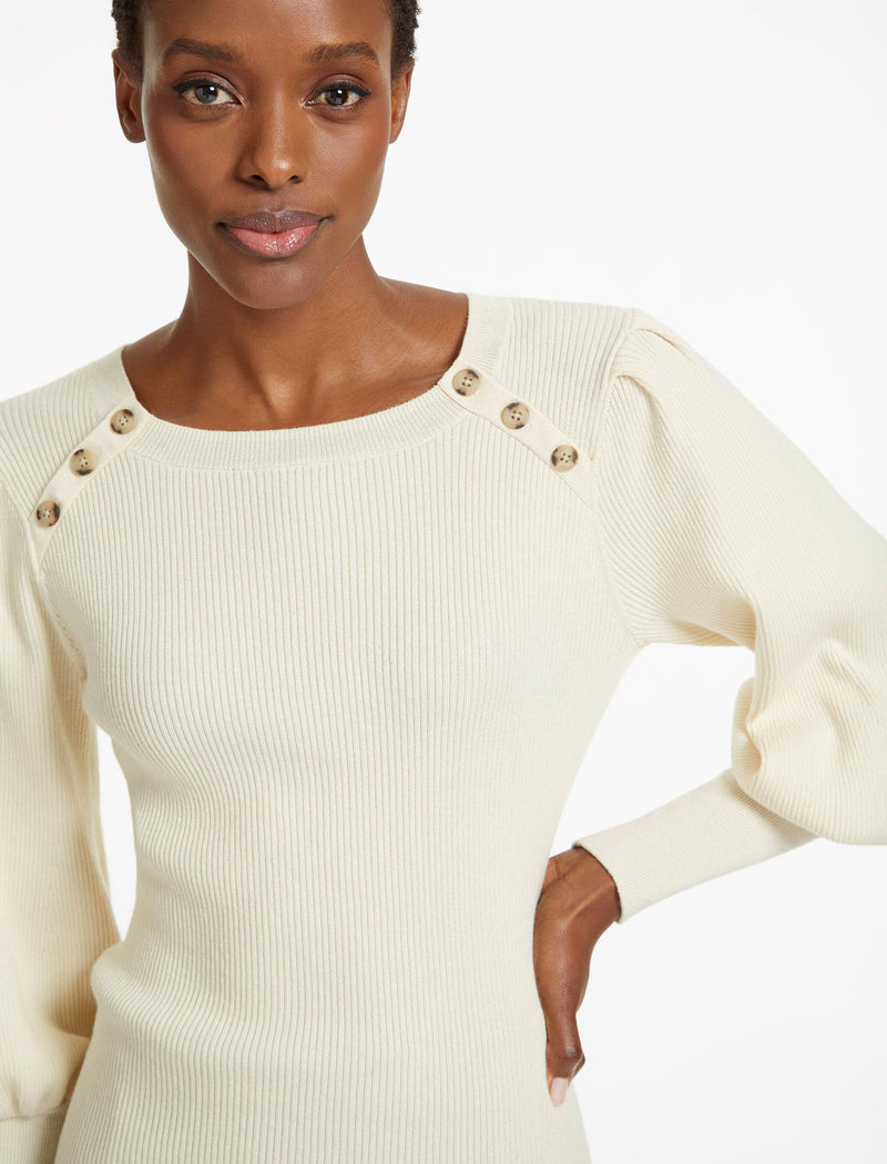Eva Merino Rib Round Neck Blouson Sleeve Jumper in Cream