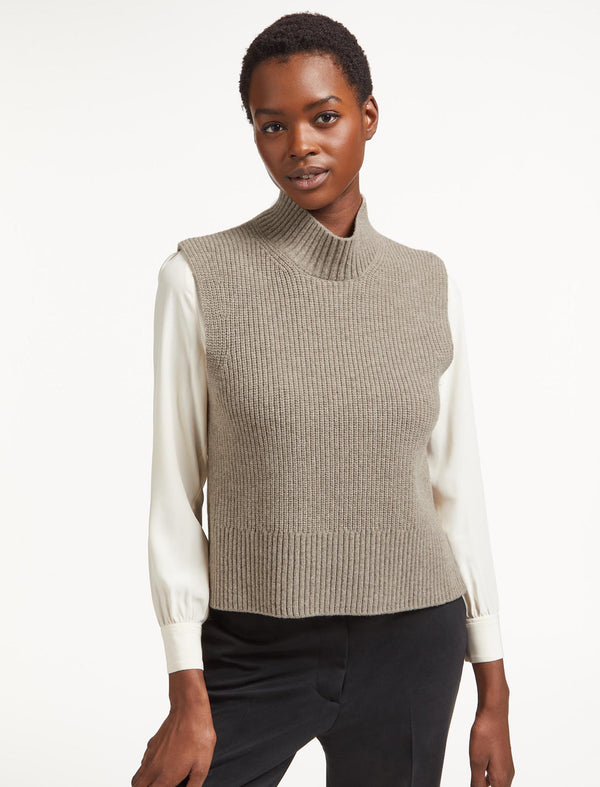 Janie Sleeveless Funnel Neck Jumper - Taupe