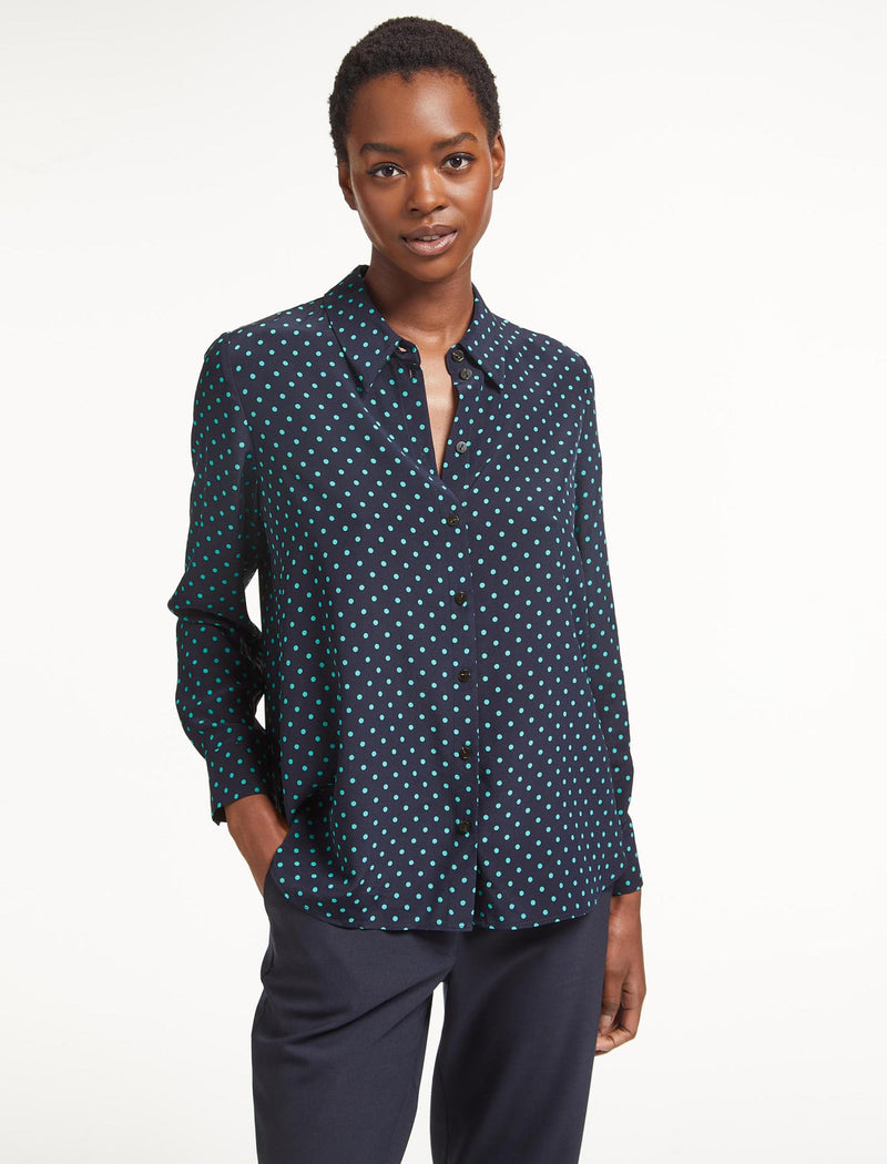Skyla Silk Long Sleeve Collared Shirt in Navy Turquoise Polka Dot