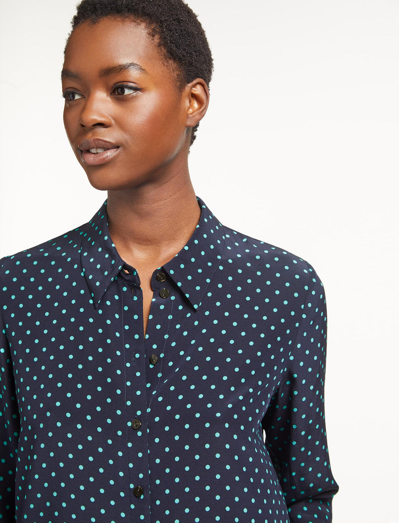 Blue top with white polka dots sale