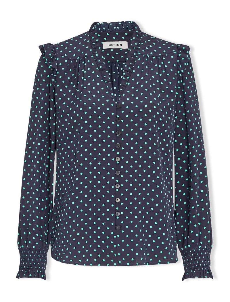 Stella Silk Shirt - Navy Turquoise Polka Dot