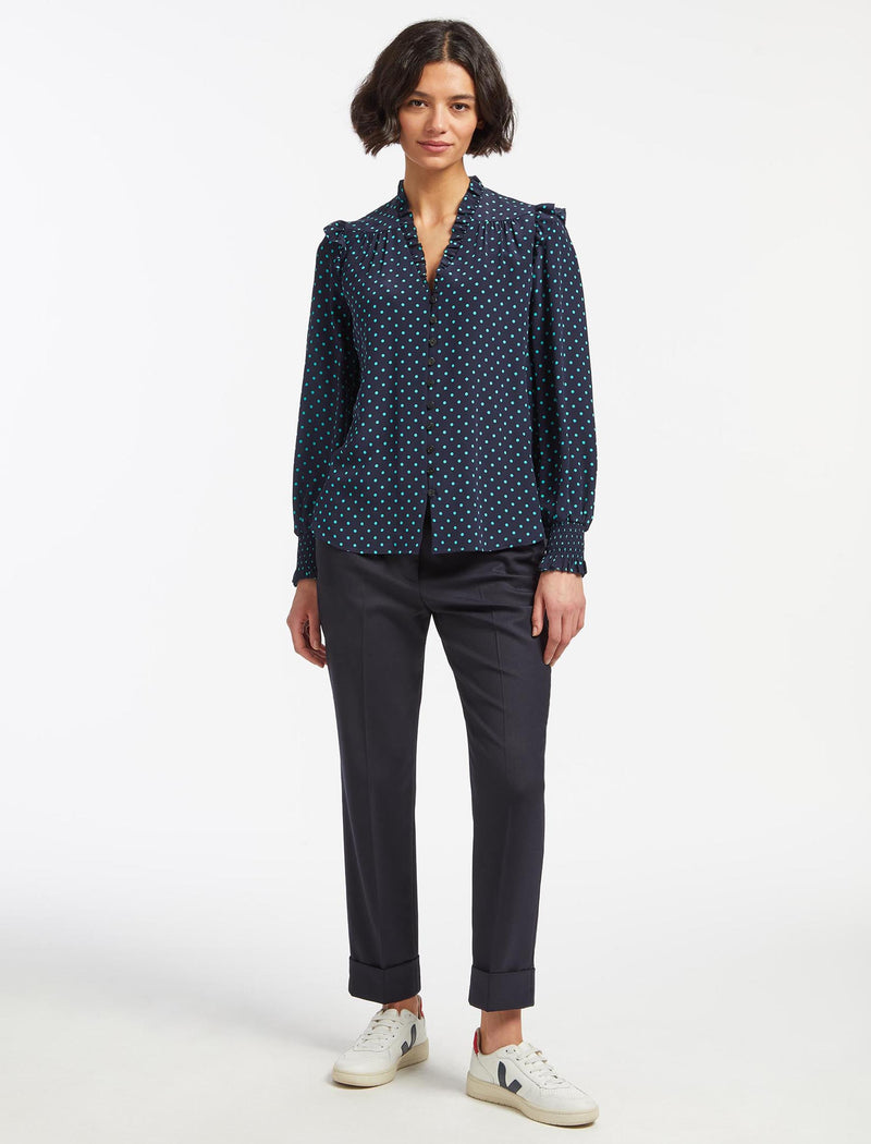 Stella Silk Shirt - Navy Turquoise Polka Dot